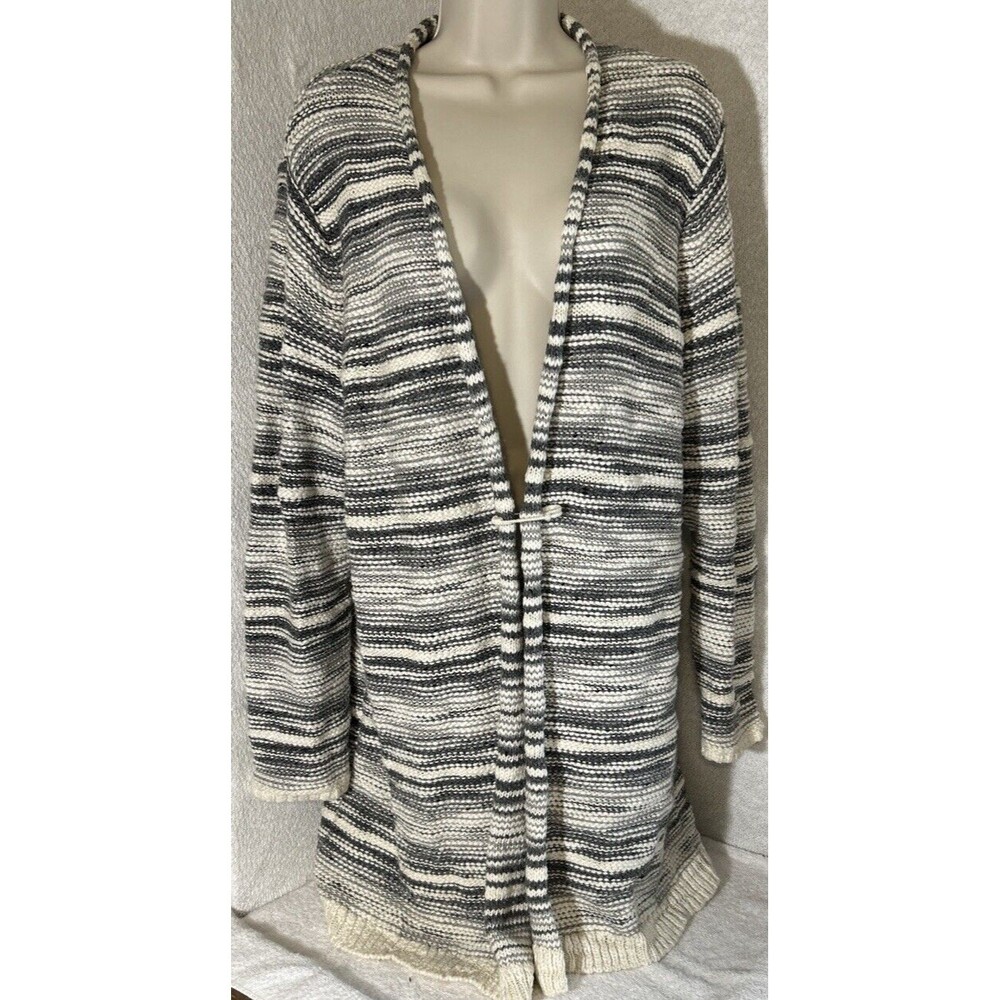 J. Jill Women’s Sz LPetite Gray &Wt Long Cardigan Sweater Knit Safety Pin Brooch